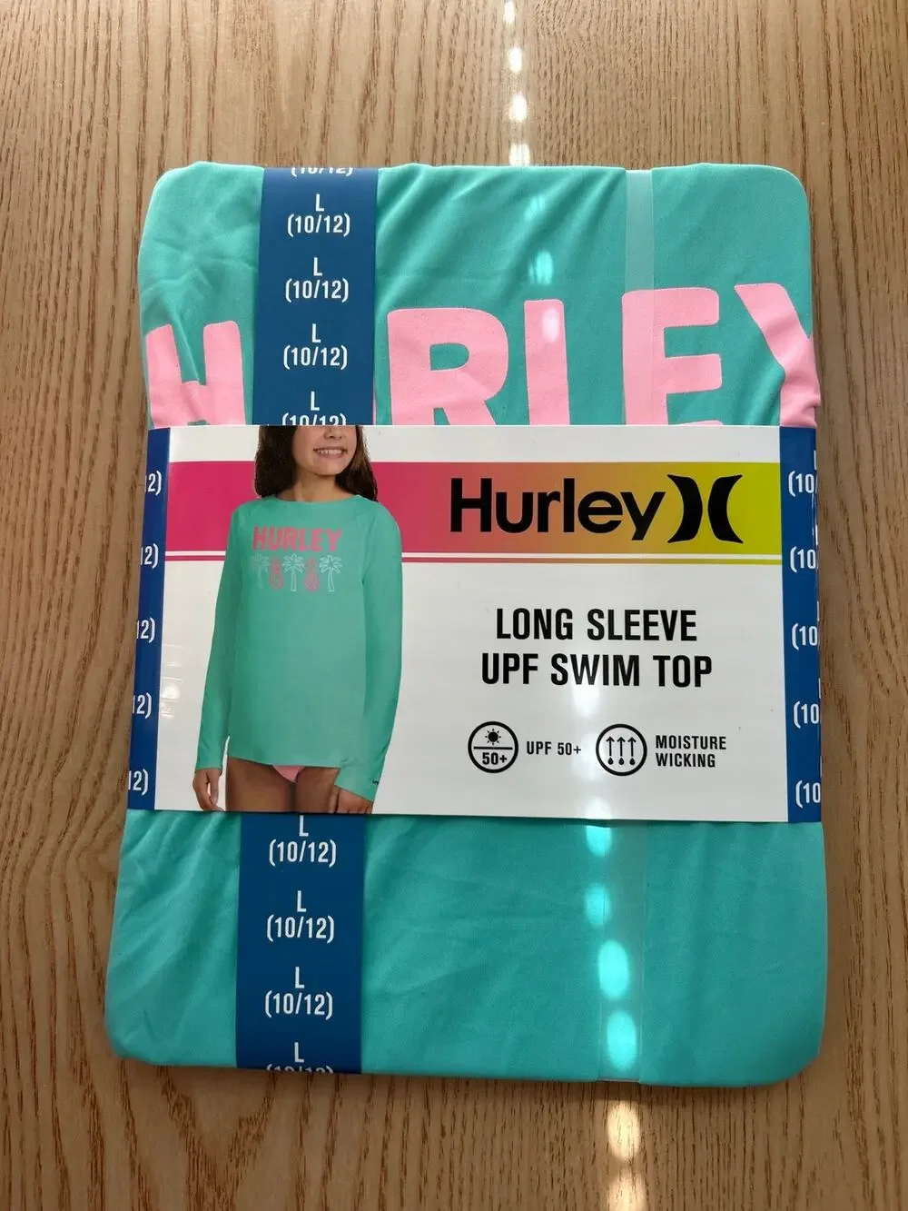 New Girls Hurley Tropic Print Swim Top Long Sleeve UPF 50+ Turquoise Large 10-12